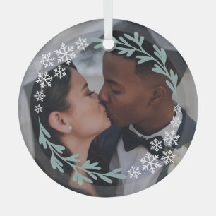 Snowflakes & Greenery Wreater Your Photo Glas Ornament