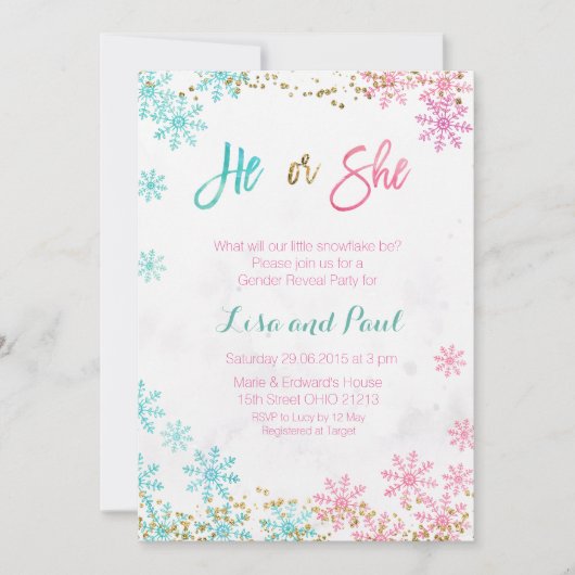 Snowflakes hij of zij maakt uitnodiging bekend (Voorkant)