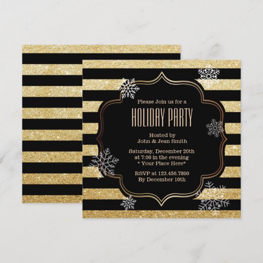 Snowflakes Holiday Party - Black & Gold Stripes Kaart (Voorkant / Achterkant)