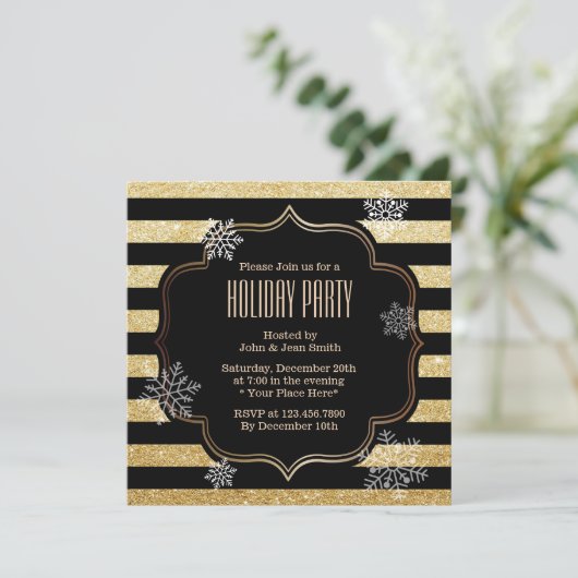 Snowflakes Holiday Party - Black & Gold Stripes Kaart (Staand voorkant)