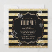Snowflakes Holiday Party - Black & Gold Stripes Kaart (Voorkant)