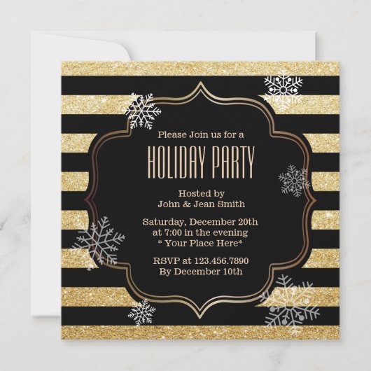 Snowflakes Holiday Party - Black & Gold Stripes Kaart (Voorkant)