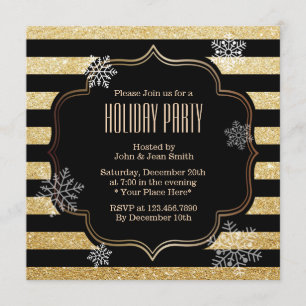 Snowflakes Holiday Party - Black & Gold Stripes Kaart