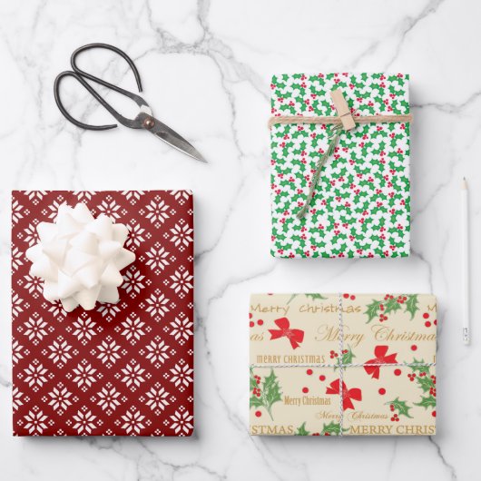 Snowflakes, Holly Berries en Bogen Inpakpapier Vel (Voorkant)