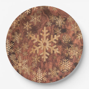 Snowflakes Hout Inlay Grafisch Print Decor op een Papieren Bordje