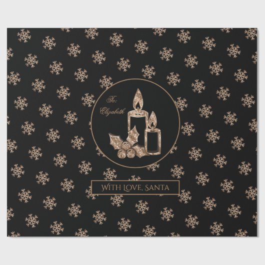 Snowflakes Kandles Holly Black en Gold Kerstmis Cadeaupapier (Vlak)