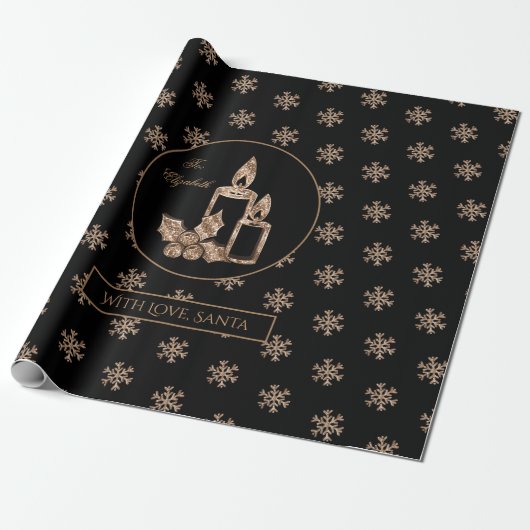 Snowflakes Kandles Holly Black en Gold Kerstmis Cadeaupapier (Uitgerold)