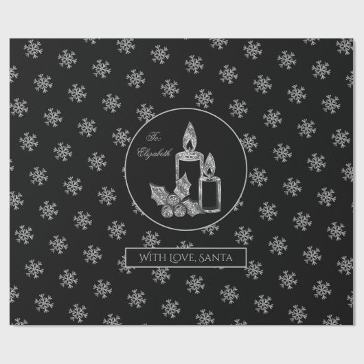 Snowflakes Kandles Holly Black Silver Kerstmis Cadeaupapier (Vlak)