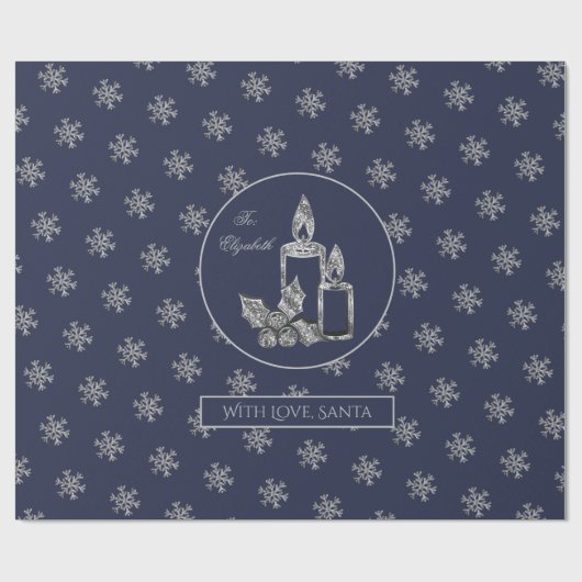Snowflakes Kandles Holly Blue en Silver Kerstmis Cadeaupapier (Vlak)