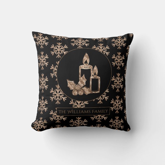 Snowflakes kerkkaarsen Elegant Black en Gold Kussen (Voorkant)