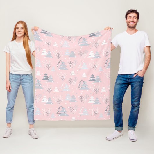Snowflakes kerstbomen roze grijs fleece deken (In situ)