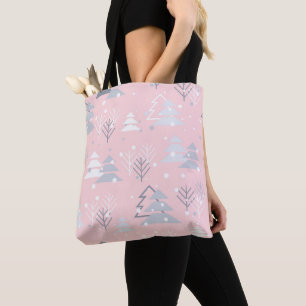 Snowflakes kerstbomen roze grijs tote bag
