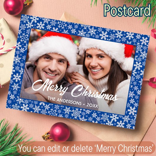 Snowflakes kerstfamilie Fotoscript blauw Feestdagenkaart