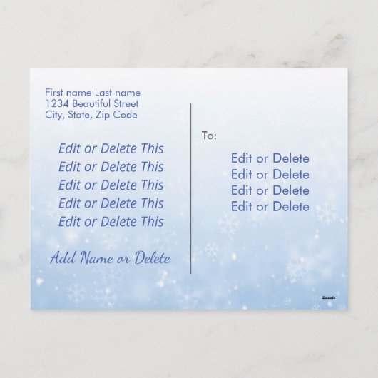 Snowflakes kerstfamilie Fotoscript blauw Feestdagenkaart (Achterkant)