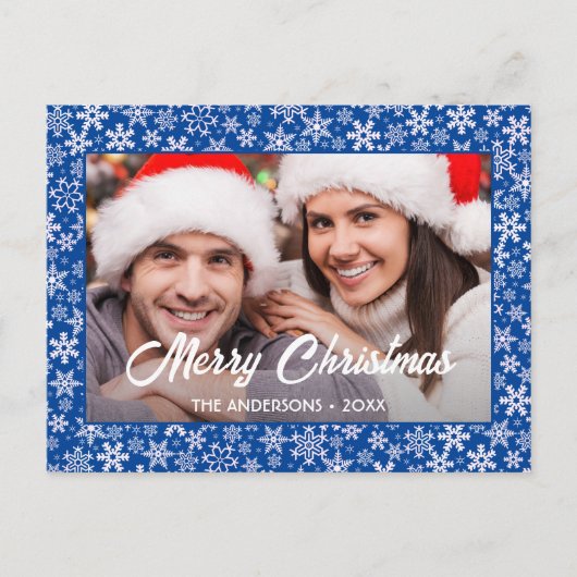Snowflakes kerstfamilie Fotoscript blauw Feestdagenkaart (Voorkant)