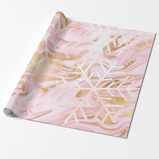 Snowflakes kerstfeestdag marmer roze goud cadeaupapier (Uitgerold)
