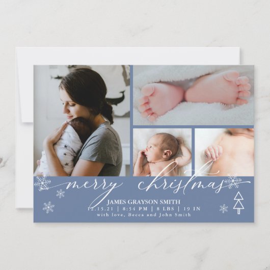 Snowflakes kerstfoto Baby Aankondiging Blauw (Voorkant)