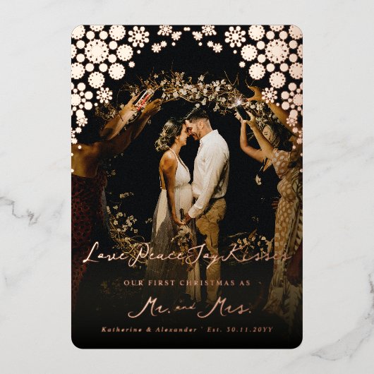 Snowflakes Love Peace Joy Kisses Photo Wedding Folie Feestdagenkaart (Voorkant)