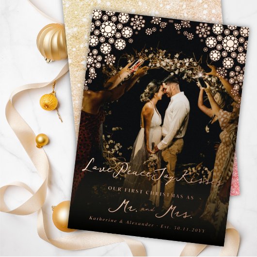 Snowflakes Love Peace Joy Kisses Photo Wedding Folie Feestdagenkaart