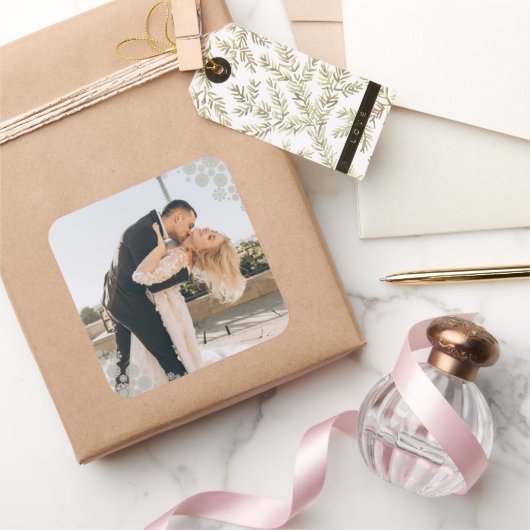 Snowflakes Love Peace Joy Kisses Photo Wedding Vierkante Sticker (Geschenken)