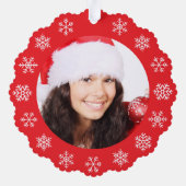 Snowflakes Merry Bright Christmas Photo Red White Ornament Kaart (Achterkant)
