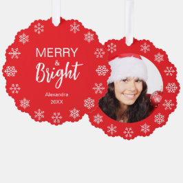 Snowflakes Merry Bright Christmas Photo Red White Ornament Kaart