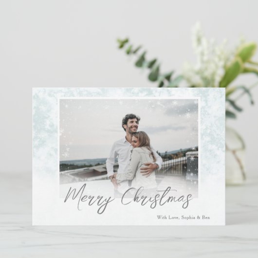 Snowflakes Merry Kerstmis One Photo Holiday Card Aankondiging (Staand voorkant)