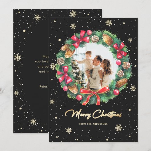 Snowflakes met gouden zwarte foto met kerstmis feestdagenkaart (Voorkant / Achterkant)