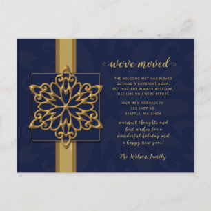 Snowflakes Navy Gold Holiday Moving Announance Briefkaart