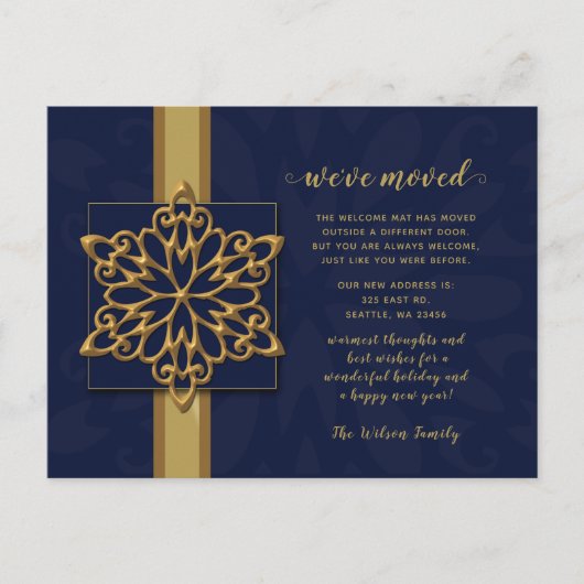 Snowflakes Navy Gold Holiday Moving Announance Briefkaart (Voorkant)