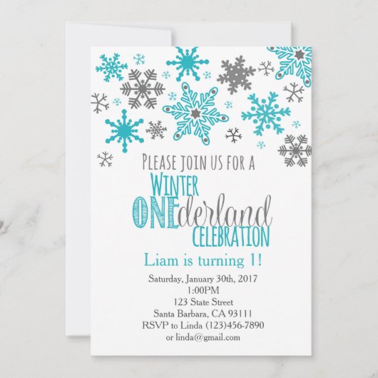 Snowflakes ONEderland Verjaardag Uitnodiging-Aqua Kaart (Voorkant)