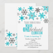 Snowflakes ONEderland Verjaardag Uitnodiging-Aqua Kaart (Voorkant / Achterkant)