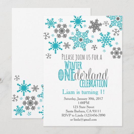 Snowflakes ONEderland Verjaardag Uitnodiging-Aqua Kaart (Voorkant / Achterkant)