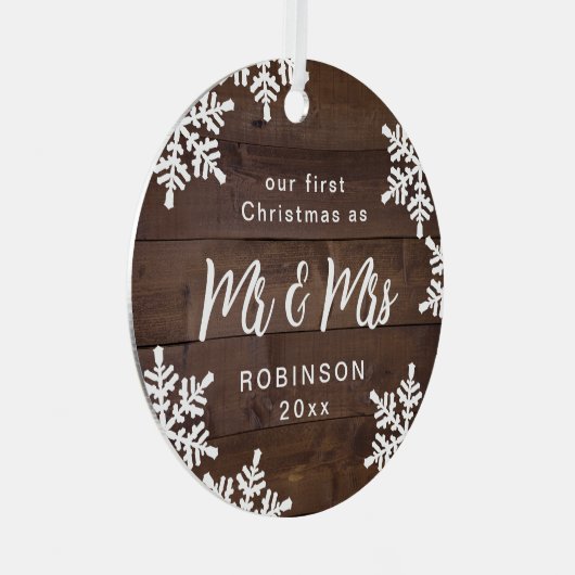 Snowflakes ons eerste kerstfeest Mr & Mrs Script Metalen Ornament (Voorkant Rechts)