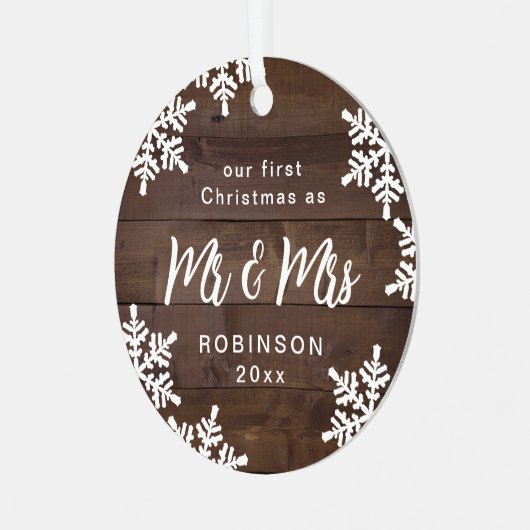 Snowflakes ons eerste kerstfeest Mr & Mrs Script Metalen Ornament (Voorkant links)