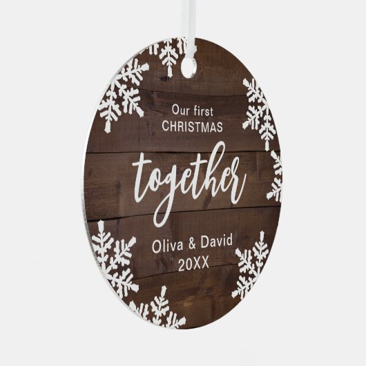 Snowflakes ons eerste kerstfeest samen script metalen ornament (Voorkant Rechts)