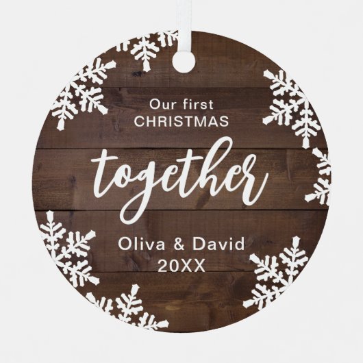 Snowflakes ons eerste kerstfeest samen script metalen ornament (Voorkant)