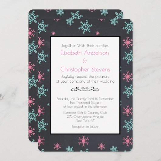 Snowflakes op Black Classy Wintery Wedding Invite Kaart (Voorkant / Achterkant)