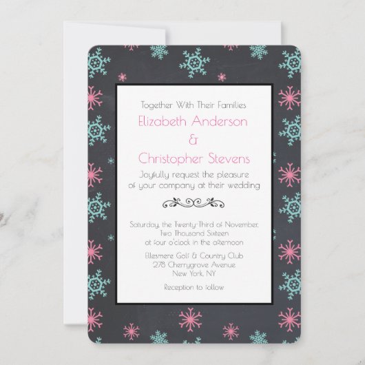 Snowflakes op Black Classy Wintery Wedding Invite Kaart (Voorkant)