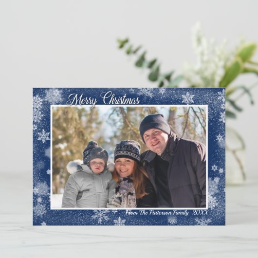 Snowflakes op Blue Merry-kerstfoto Kaart (Staand voorkant)
