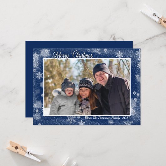 Snowflakes op Blue Merry-kerstfoto Kaart (Voorkant / Achterkant in situ)