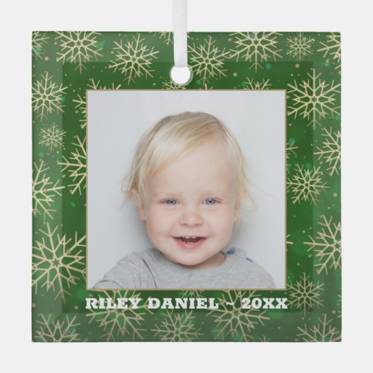 Snowflakes op groene foto glas ornament (Voorkant)