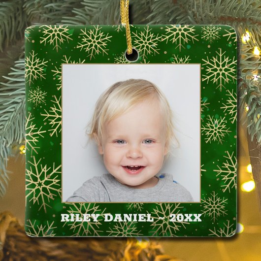 Snowflakes op groene foto keramisch ornament