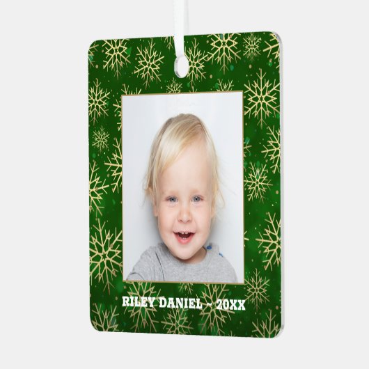 Snowflakes op groene foto metalen ornament (Voorkant links)