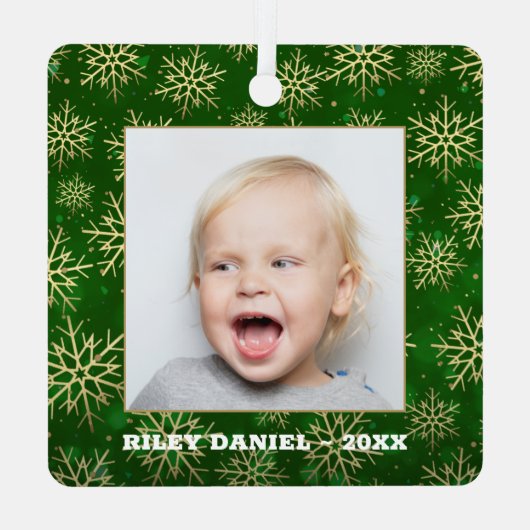 Snowflakes op groene foto metalen ornament (Achterkant)