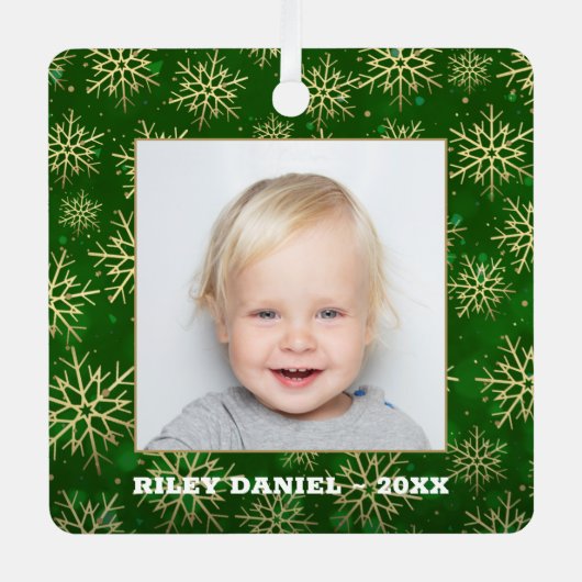 Snowflakes op groene foto metalen ornament (Voorkant)