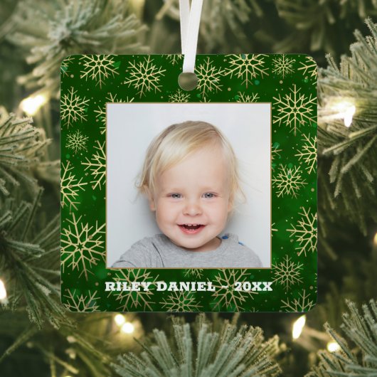 Snowflakes op groene foto metalen ornament (Insitu)