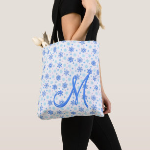 Snowflakes Pastel Baby Blue Modern Aangepast monog Tote Bag