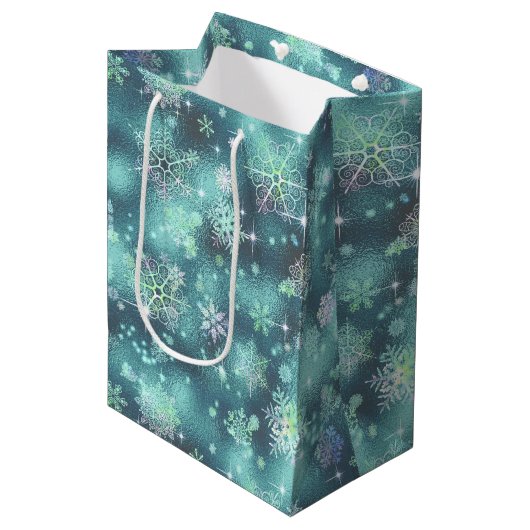  Snowflakes Patroon Blauwgroen ID846 Medium Cadeauzakje (Voorkant Gekanteld)