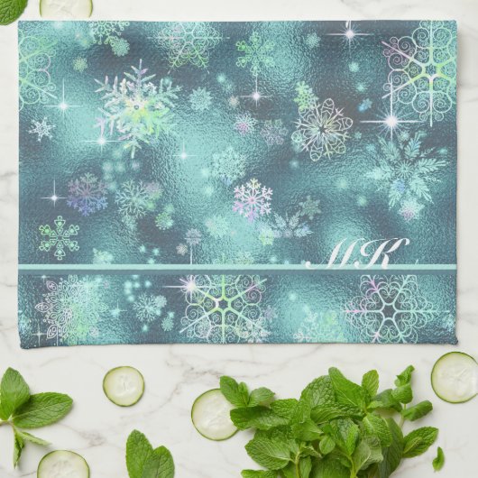  Snowflakes Patroon Blauwgroen ID846 Theedoek (Gevouwen)